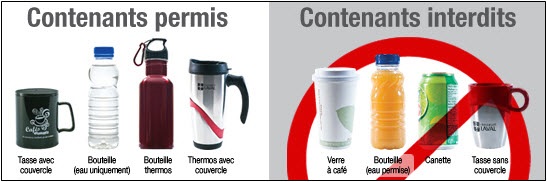 Contenants permis: tasse avec couvercle, bouteille d'eau, bouteille thermos, thermos avec couvercle. Contenants interdits: verre à café, bouteille autre que eau, canette, tasse sans couvercle