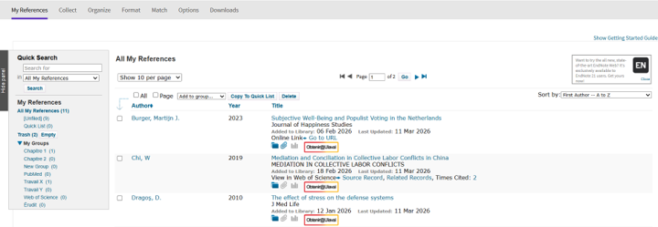 Printscreen de l'interface EndNote Online
