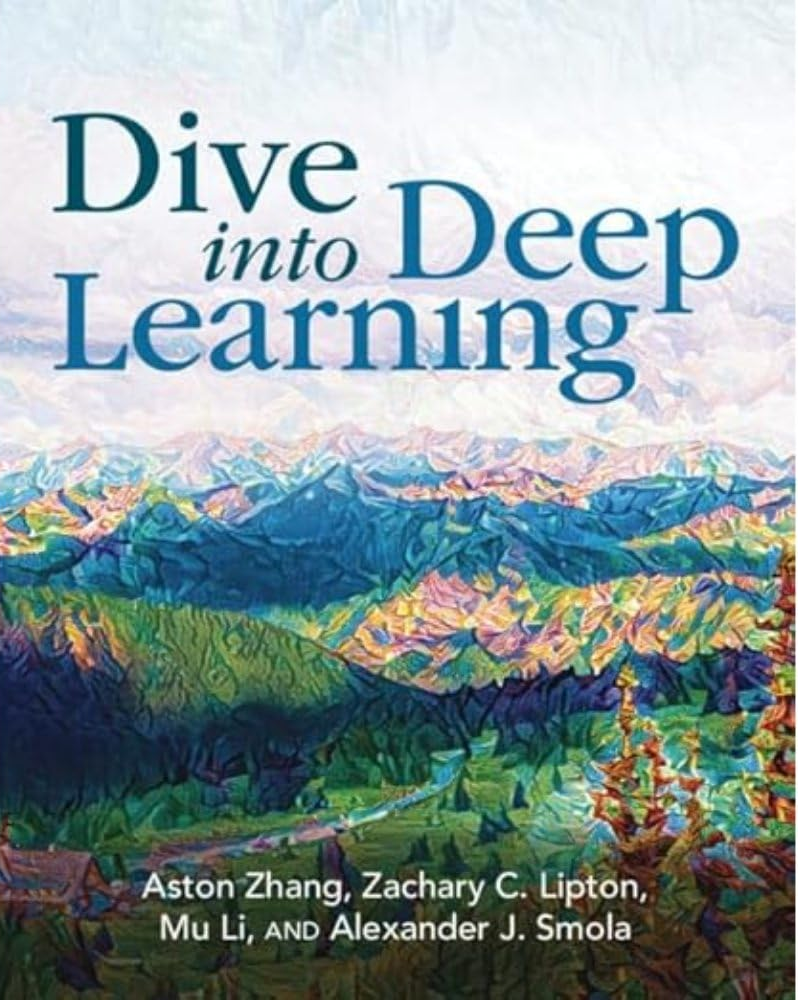 Couverture du livre "Dive into deep learning", de Zhang, Lipton, Li et Smola.